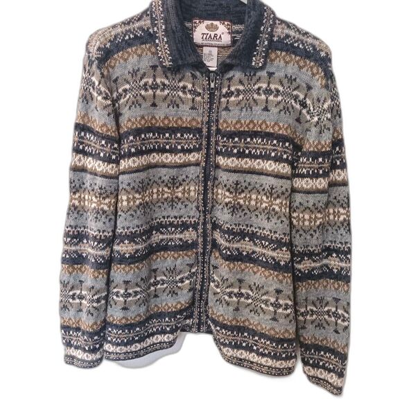 Vtg Tiara Int. Fair Isle Zip Cardigan Sweater Blue Ramie Cotton Size M - Picture 1 of 11